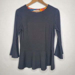Jude Connally Womens Black Peplum Blouse Size M 3/4 Bell Sleeve Pullover Stretch